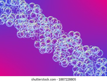 Fizz background with shampoo foam and soap bubbles. 3d vector illustration layout. Multicolor spray and splash. Realistic water frame and border. Purple colorful liquid fizz.