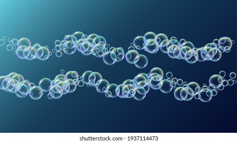 Fizz background with shampoo foam and soap bubbles. 3d vector illustration poster. Trendy spray and splash. Realistic water frame and border. Blue colorful liquid fizz.