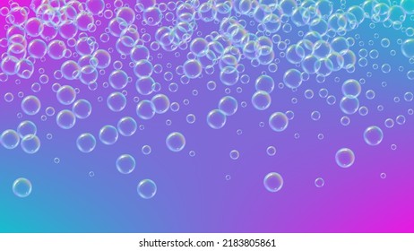 Fondo de mareo con espuma de champú y burbujas de jabón. Espray creativo y salpicaduras. Marco hídrico y frontera realistas. Afiche de ilustración vectorial 3d. Fizz líquido morado y colorido.