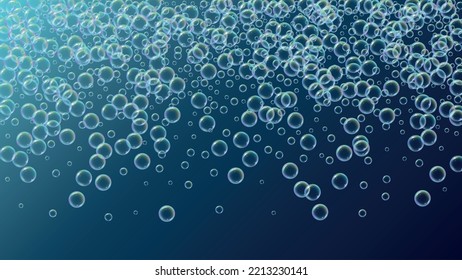 Fizz background with shampoo foam and soap bubbles. 3d vector illustration flyer. Vibrant spray and splash. Realistic water frame and border. Blue colorful liquid fizz.