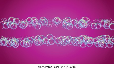 Fizz background with shampoo foam and soap bubbles. 3d vector illustration concept. Multicolor spray and splash. Realistic water frame and border. Purple colorful liquid fizz.