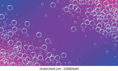 Fizz background with shampoo foam and soap bubbles. 3d vector illustration invite. Minimal spray and splash. Realistic water frame and border. Purple colorful liquid fizz.