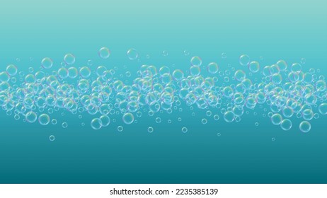 Fizz background with shampoo foam and soap bubbles. 3d vector illustration flyer. Trendy spray and splash. Realistic water frame and border. Blue colorful liquid fizz.