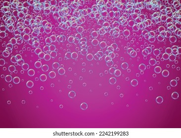 Fondo de mareo con espuma de champú y burbujas de jabón. spray multicolor y salpicadura. Marco hídrico y frontera realistas. Afiche de ilustración vectorial 3d. Fizz líquido morado y colorido.