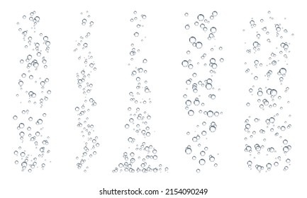 Fizz underwater bubbles, soda, water or oxygen air dynamic aqua effervescent rising up. Vector fizzing champagne, lemonade, carbonated beverage drink design elements, isolated realistic gas bubbles