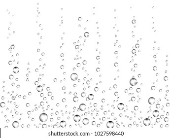 Fizzing air bubbles on white background. Underwater oxygen texture of water or drink. Fizzy bubbles in soda water, champagne, sparkling wine, lemonade, aquarium, sea, ocean. Realistic 3d illustration.