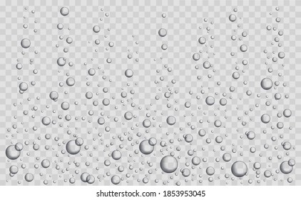 Fizzing air bubbles underwater on transparent background. Realistic water bubbles. Bubbles for fizzy drinks, sparkling champagne and tablet, water soluble.