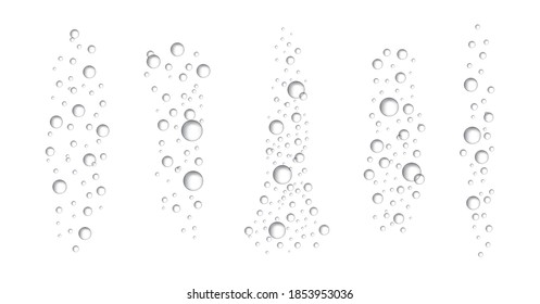 Las burbujas de aire bajo el agua. Burbujas de agua realistas. Burbujas para bebidas calientes, champán espumoso y tablet, agua soluble.