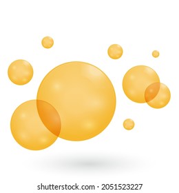 Fizzing air golden bubbles on white background. Golden Oil Bubbles. Realistic Oil Drops, Cosmetic Vitamin Capsules, Collagen Essence, Serum Yellow. Vector