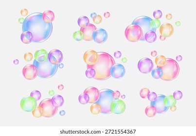 Burbujas de aire y agua azul efervescentes con destellos efervescentes sobre fondo transparente. Textura de Vector de goma de mascar y burbujas de colágeno para un diseño de ensueño.