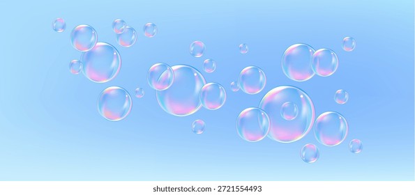 Fizzing air and water blue bubbles on white background with fizzy sparkles. Vector texture of bubble gum and collagen bubbles for dreamy design.background.
