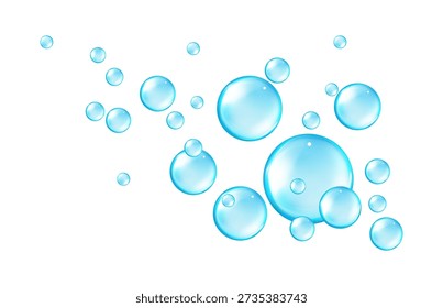 Fizzing air and water blue bubbles with fizzy sparkles on transparent background. Vector texture of bubble gum and collagen bubbles for dreamy design.