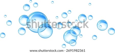 Fizzing air and water blue bubbles on white background with fizzy sparkles. Vector texture of bubble gum and collagen bubbles for dreamy design background.