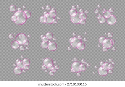 Burbujas de aire y agua de color rosa con destellos efervescentes sobre fondo transparente. 
