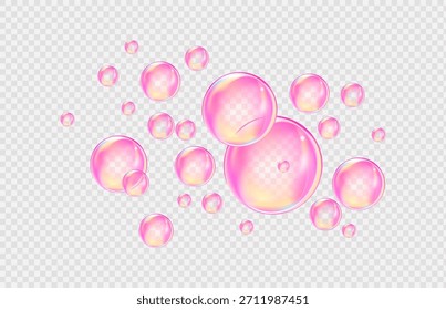 Burbujas de aire y agua de color rosa con destellos efervescentes sobre fondo transparente. 