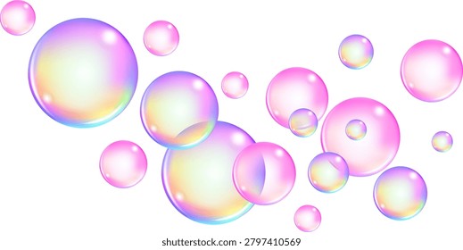 Fizzing air and water pink bubbles on white background with fizzy sparkles. Transparent cosmetic spheres with skincare essence drops.