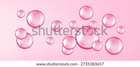 Fizzing air and water pink bubbles on white background with fizzy sparkles. Vector texture of bubble gum and collagen bubbles for dreamy design.background.