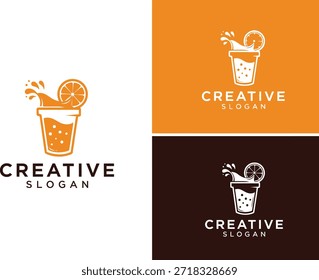 Fizzy Citrus Drink Logo mit Splash und Orange Slice - Getränke-Branding-Symbol auf weißem, orangefarbenem und braunem Hintergrund