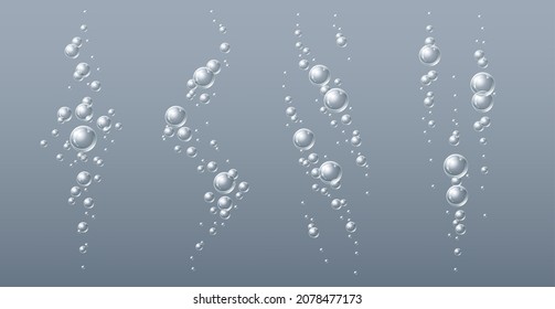 Fizzy drink bubbles. Realistic underwater transparent balls jets. Soda, champagne air balloons, sparkling water with oxygen, carbonation process. Pure aerated liquid