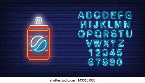 Fizzy drink in can neon sign. Glowing illustration of  fizzy drink in can on dark blue brick background. Can be used for cafe, store, supermarket, night shop, advertisement