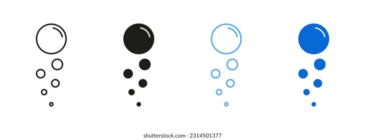 Fizzy Drink, Water Bubbles Line and Silhouette Icon Set. Soap, Sphere Foam, Clear Soda, Aquarium Drops Symbol Collection. Effervescent Champagne Black and Blue Pictogram. Isolated Vector Illustration.