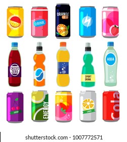 Fizzy drinks in glass bottles. Colored vector pictures. Set of beverage soda fizzy, drink fresh container illustration