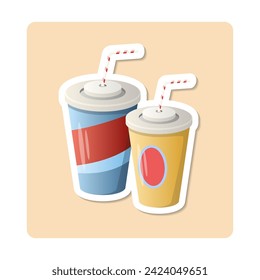 Fizzy drinks sticker illustration. Cup, straw, lid, cardboard. Editable vector graphic design.