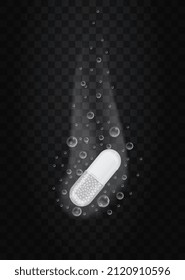 Fizzy pill on transparent background. Special capsule for treatment of stomach problems, medicine to help with diseases, colds, headaches. Health care, medicine. Realistic vector illustration