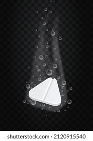 Fizzy pill on transparent background. Triangular medicine, unusual geometric objects. Help in case of illness, taking care of your health, prescription preparation. Realistic vector illustration