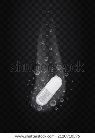 Fizzy pill on transparent background. Special capsule for treatment of stomach problems, medicine to help with diseases, colds, headaches. Health care, medicine. Realistic vector illustration