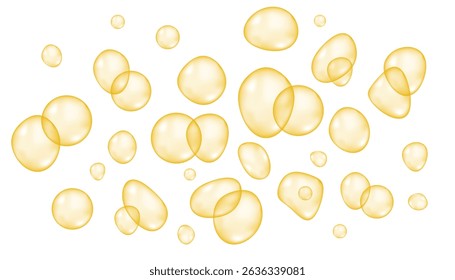 Fizzy pop and effervescent drink. Orange carbonated water with gold bubbles. Champagne or prosecco texture. Realistic yellow beer foam background. Vector texture.