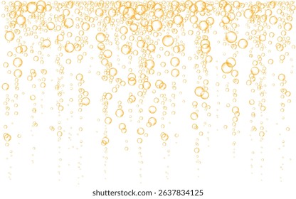 Fizzy pop and effervescent drink. Orange carbonated water with gold bubbles. Champagne or prosecco texture. Realistic yellow beer foam background. Vector texture.