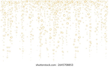 Fizzy pop and effervescent drink. Orange carbonated water with gold bubbles. Champagne or prosecco texture. Realistic yellow beer foam background. Vector texture.