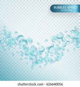  Fizzy sparkles in aquarium, champagne, soda drink. Soap bubbles with reflex and reflection, realistic vector effect