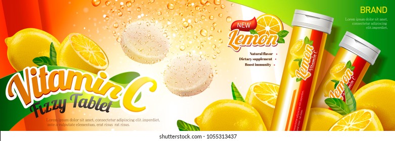 Fizzy Tablet Ads, Healthy Supplement With Rich Vitamin C And Bubbles In 3d Illustration