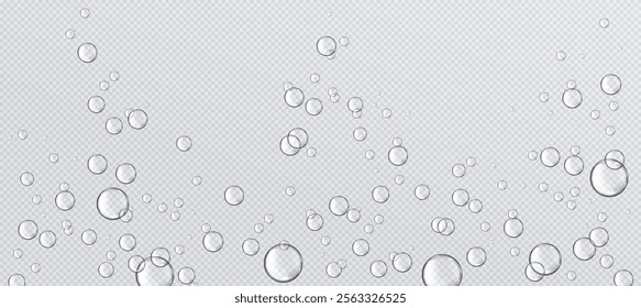 Fizzy water bubbles floating on transparent background. Multiple sized spherical shapes for effervescent pattern. Realistic 3d vector natural carbonated liquid effect with scattered droplets.