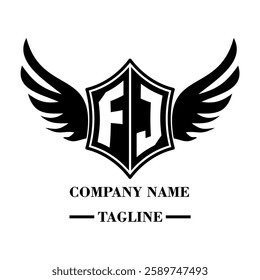 FJ A bold winged shield emblem with customizable initials A-Z. Sleek black-and-white vector, perfect for branding, sports teams, motorcycle clubs, gaming,apparel and High-quality
