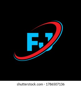 FJ F J letter logo design. Initial letter FJ linked circle uppercase monogram logo red and blue. FJ logo, F J design. fj, f j