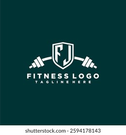 FJ initial monogram for fitnes or gym logo with creative shield and barbell design