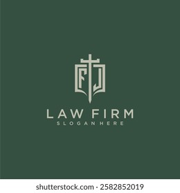 FJ initial monogram for law firm with sword and shield logo image