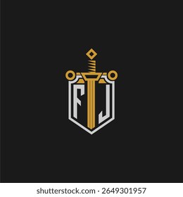 Monograma inicial do FJ para imagem em estilo escudo e espada