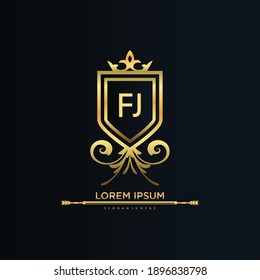 Carta FJ Inicial con Plantilla Real.elegante con el logotipo de la corona vectorial, Ilustración vectorial con el logotipo fletador creativo.