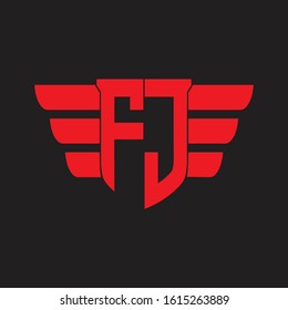 FJ Logo monogram with emblem and wings element design template on red colors