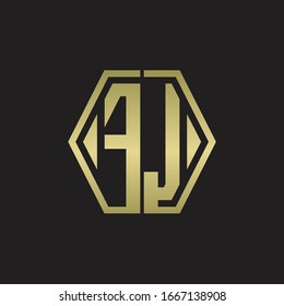 FJ Logo monogram with hexagon line rounded design template with gold colors