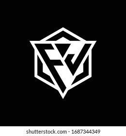 Monograma del logotipo FJ con combinación de formas triángulo y hexagón aislado en colores dorados y blancos