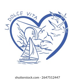 fjord and bridge amalfi coast salerno italy with ship, yacht, sailboat. Italian summer, resorts and rest. souvenir frame heart. Landscape vector illustration. La Dolce Vita
