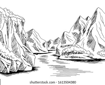 Fjord sea bay graphic black white landscape sketch illustration vector