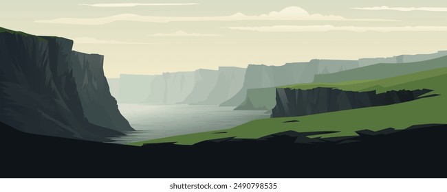 Fjords. Rocky shore of sea bay, landscape vector illustration. Beautiful high sea cliffs overlooking the beautiful ocean. Dangerous rocks in the fog and bay.