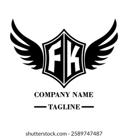 FK A bold winged shield emblem with customizable initials A-Z. Sleek black-and-white vector, perfect for branding, sports teams, motorcycle clubs, gaming,apparel and High-quality
