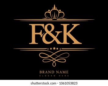 F&K Initial logo, Ampersand initial logo gold with crown and classic pattern